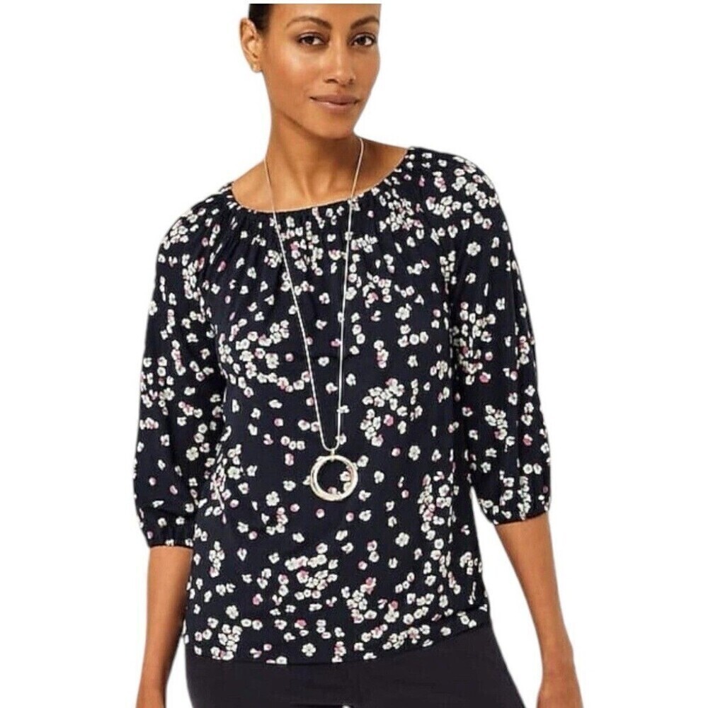 J JILL Wearever Convertible-Shoulder Smocked-Neck Top Blue Floral Size Womens M